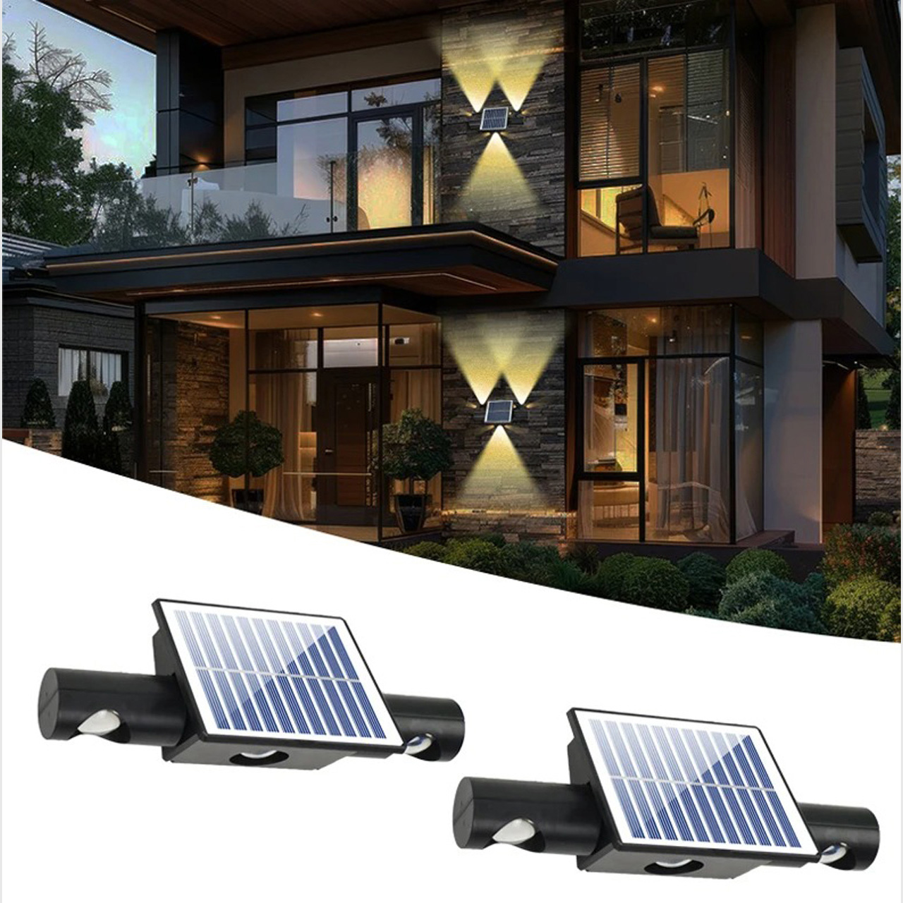 Iluminat Solar LBZ-00072 01 Lampa de perete solara 3 LED-uri, IP65, Alb cald/Lumina aurie