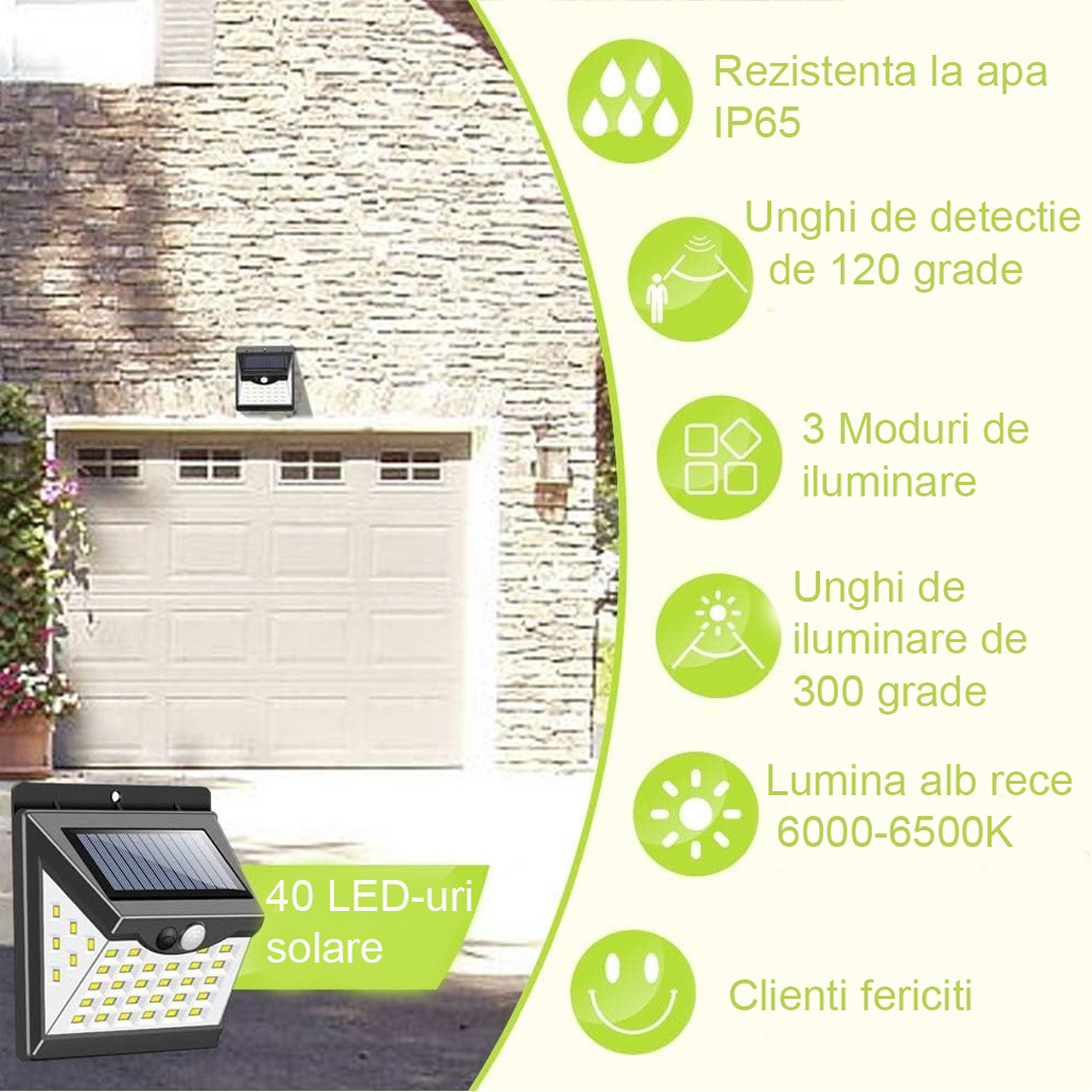 Lampă solară LED cu senzor de mișcare, 40 LED-uri, lumină alb rece 6500K, neagră