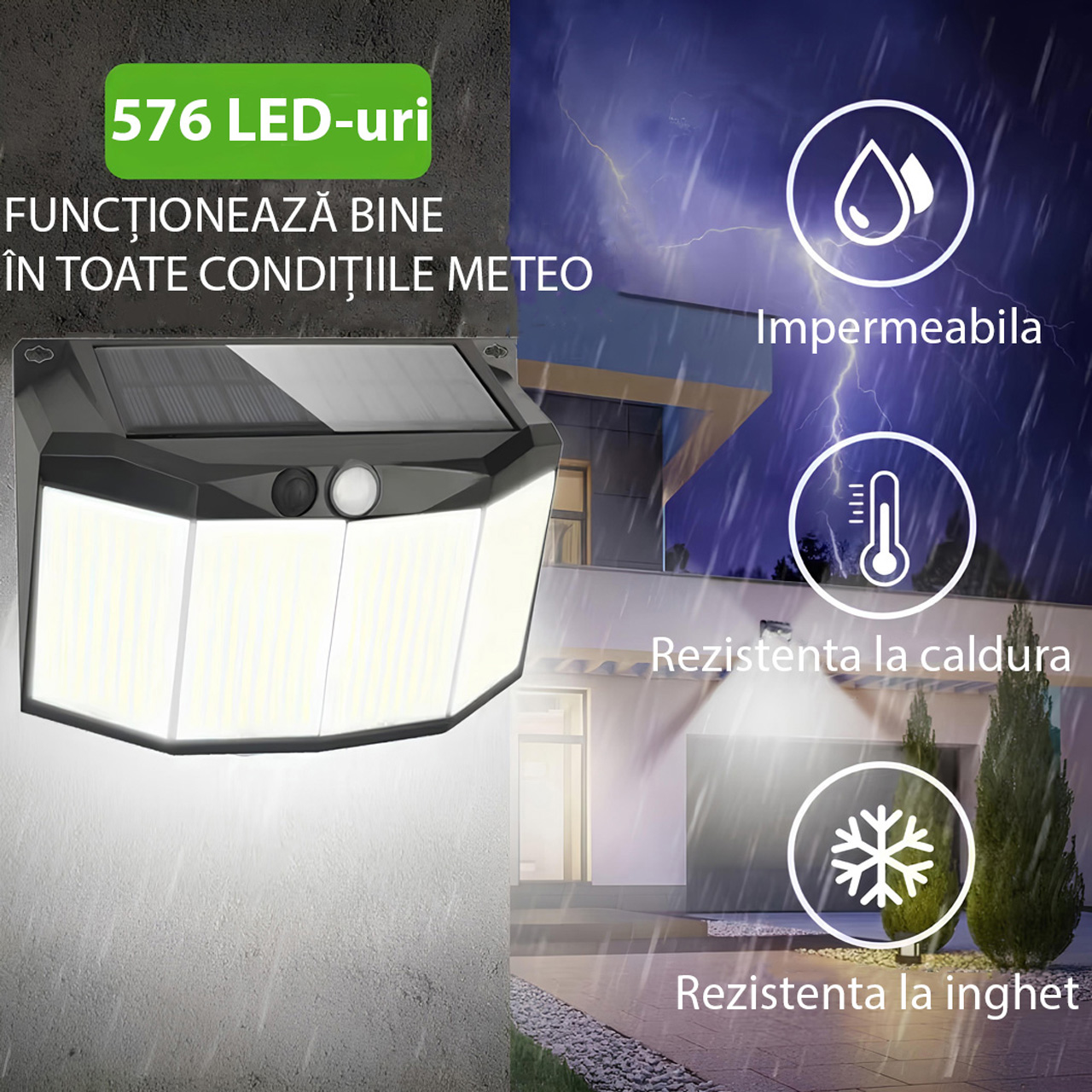 Iluminat Solar LBZ-00085 02 Lampă solară LED exterior cu senzor de mișcare, 576 LED-uri, lumină alb rece 6500K