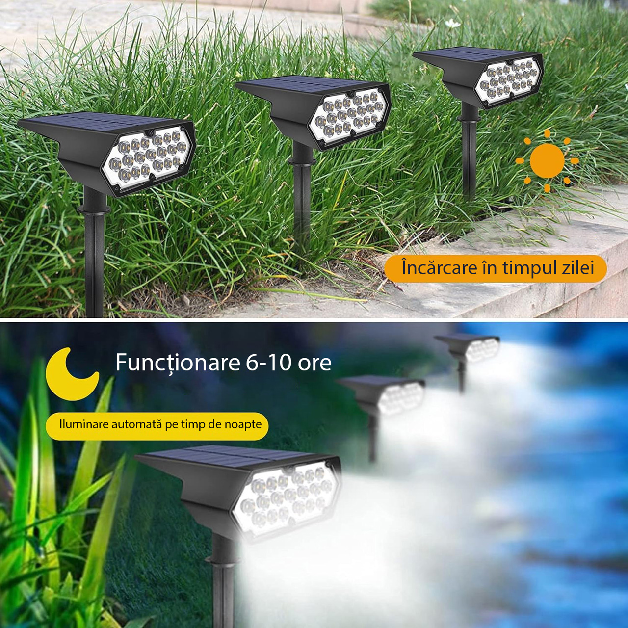 Lampă solară LED de exterior cu țăruș și suport perete, 19 LED-uri, lumină alb rece 6500K