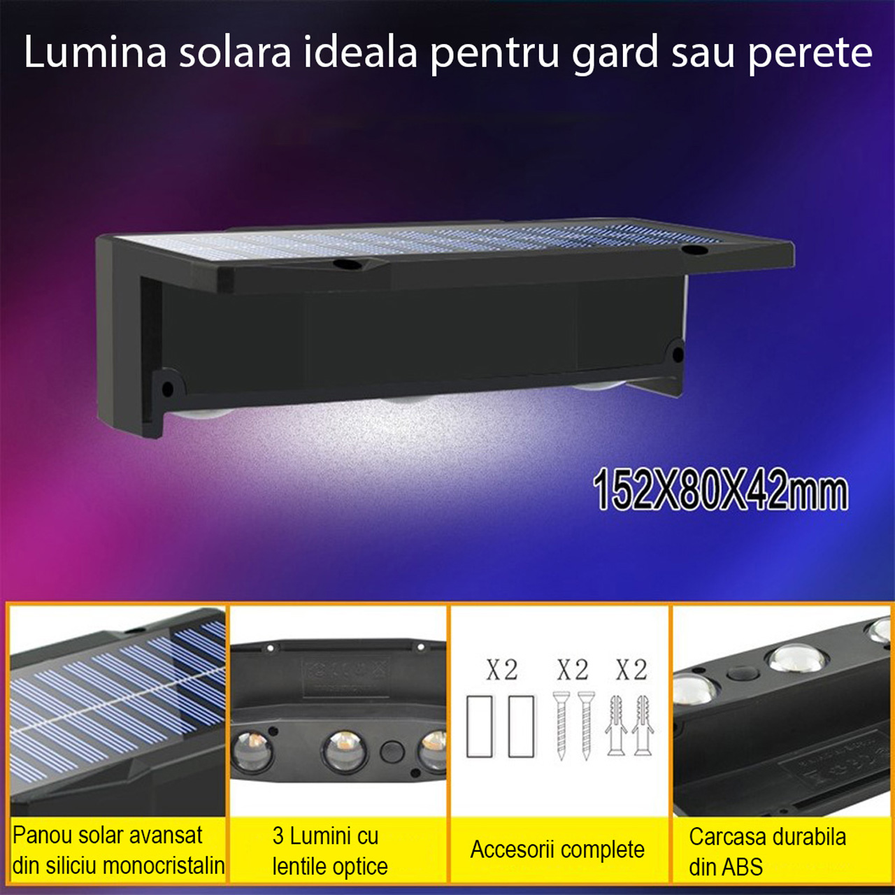 Iluminat Solar LBZ-00089 03 Lampă solară LED RGB de perete, 3 LED-uri, 12 moduri, IP65