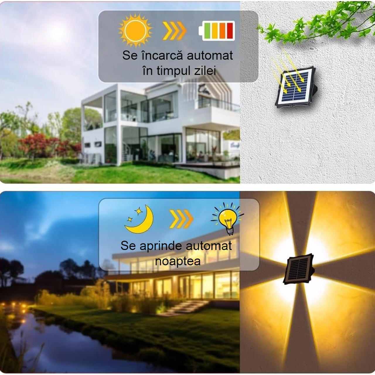 Aplică solară LED de exterior, lumină sus-jos, 6 LED-uri, 3 culori 3000K/4000K/6500K, IP65