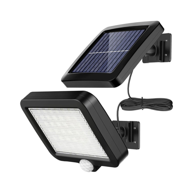 Lampă solară LED SMD cu panou solar separat, 56 LED-uri, senzor de mișcare, lumină alb rece