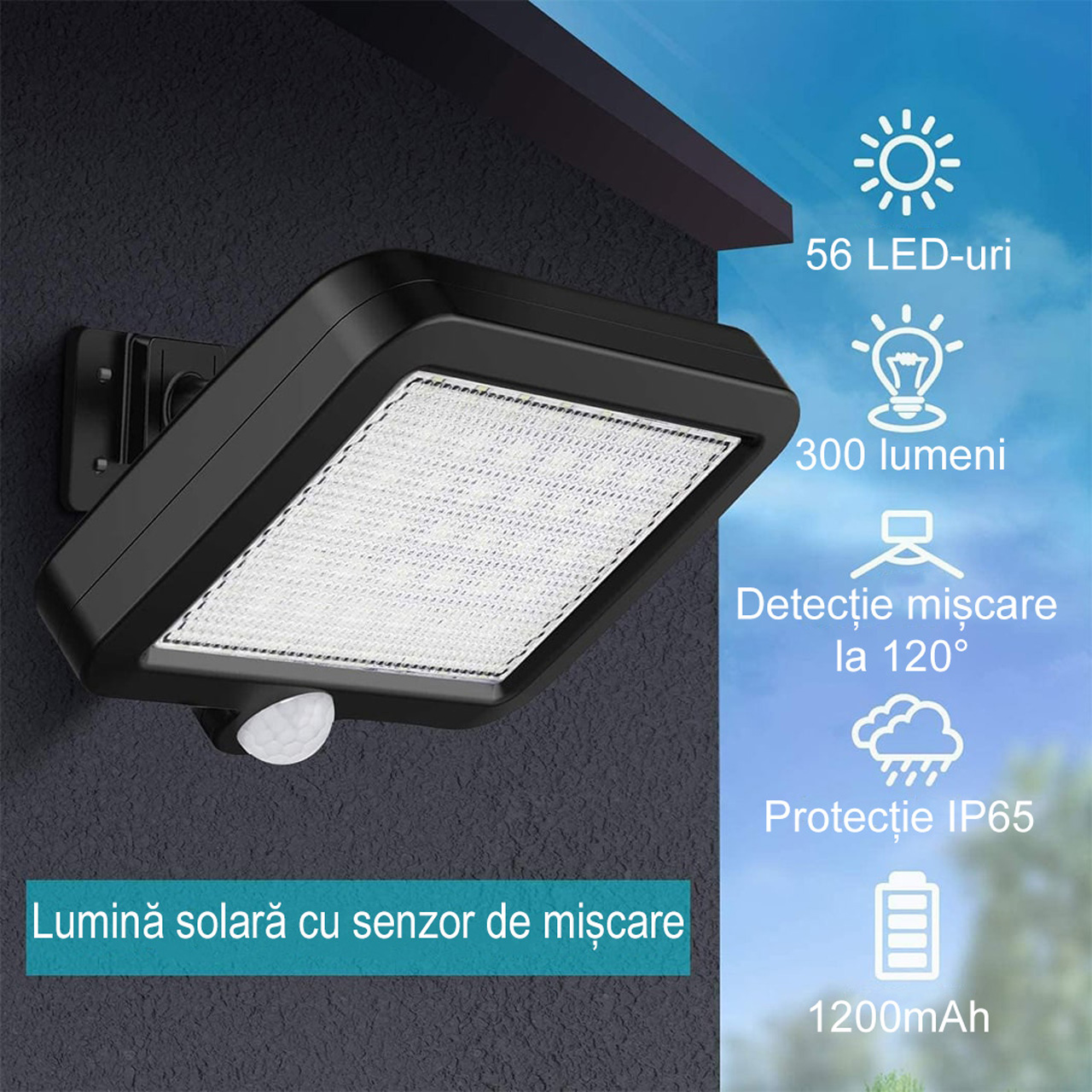 Lampă solară LED SMD cu panou solar separat, 56 LED-uri, senzor de mișcare, lumină alb rece