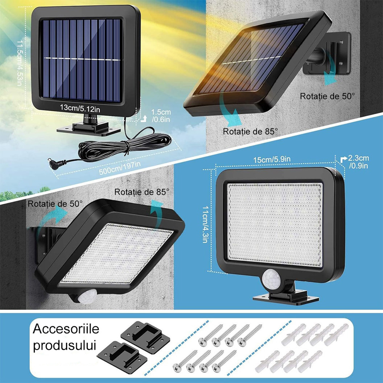 Lampă solară LED SMD cu panou solar separat, 56 LED-uri, senzor de mișcare, lumină alb rece