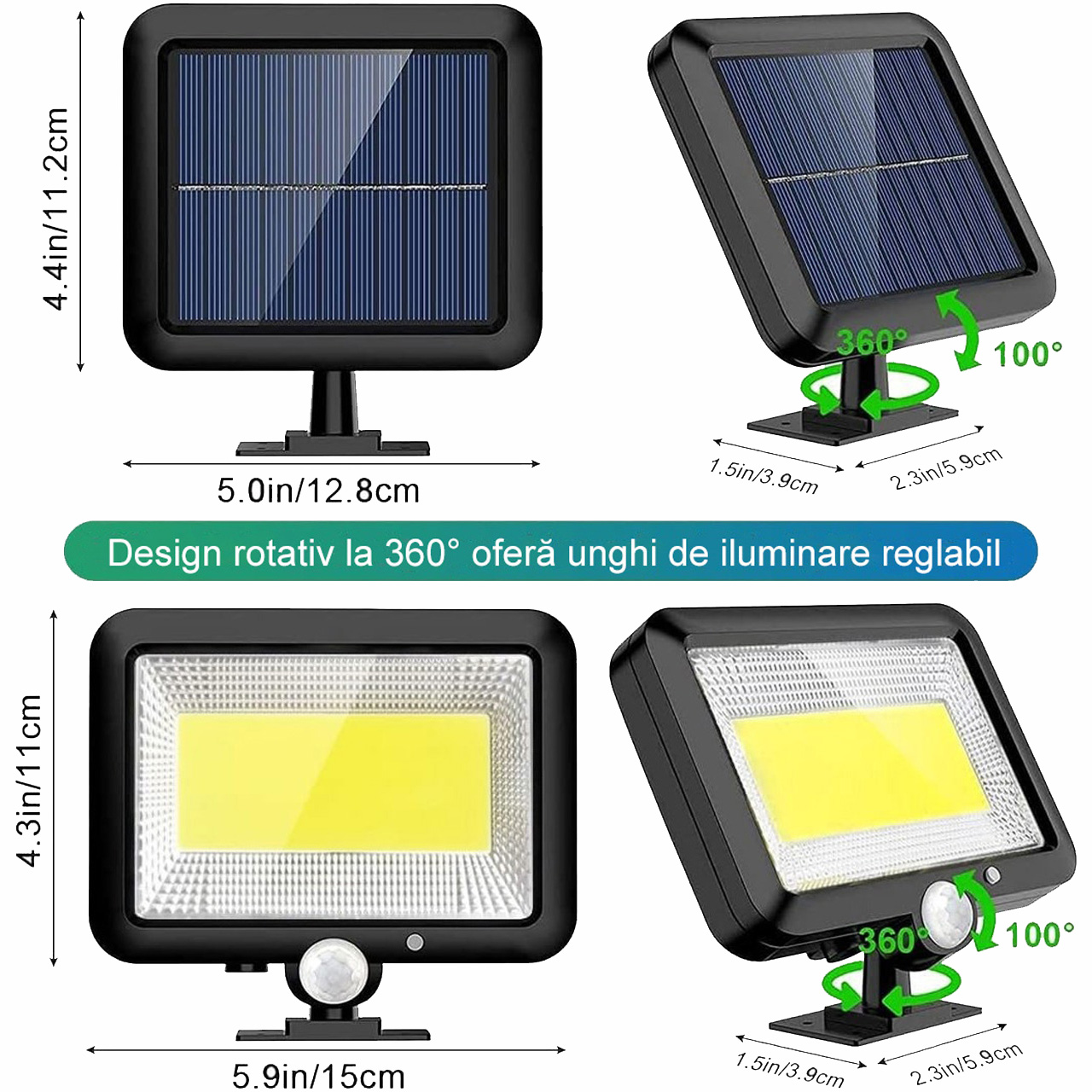 Iluminat Solar LBZ-00177 03 Lampă solară LED COB de perete cu senzor de mișcare, 100 LED-uri, lumină alb rece, IP65
