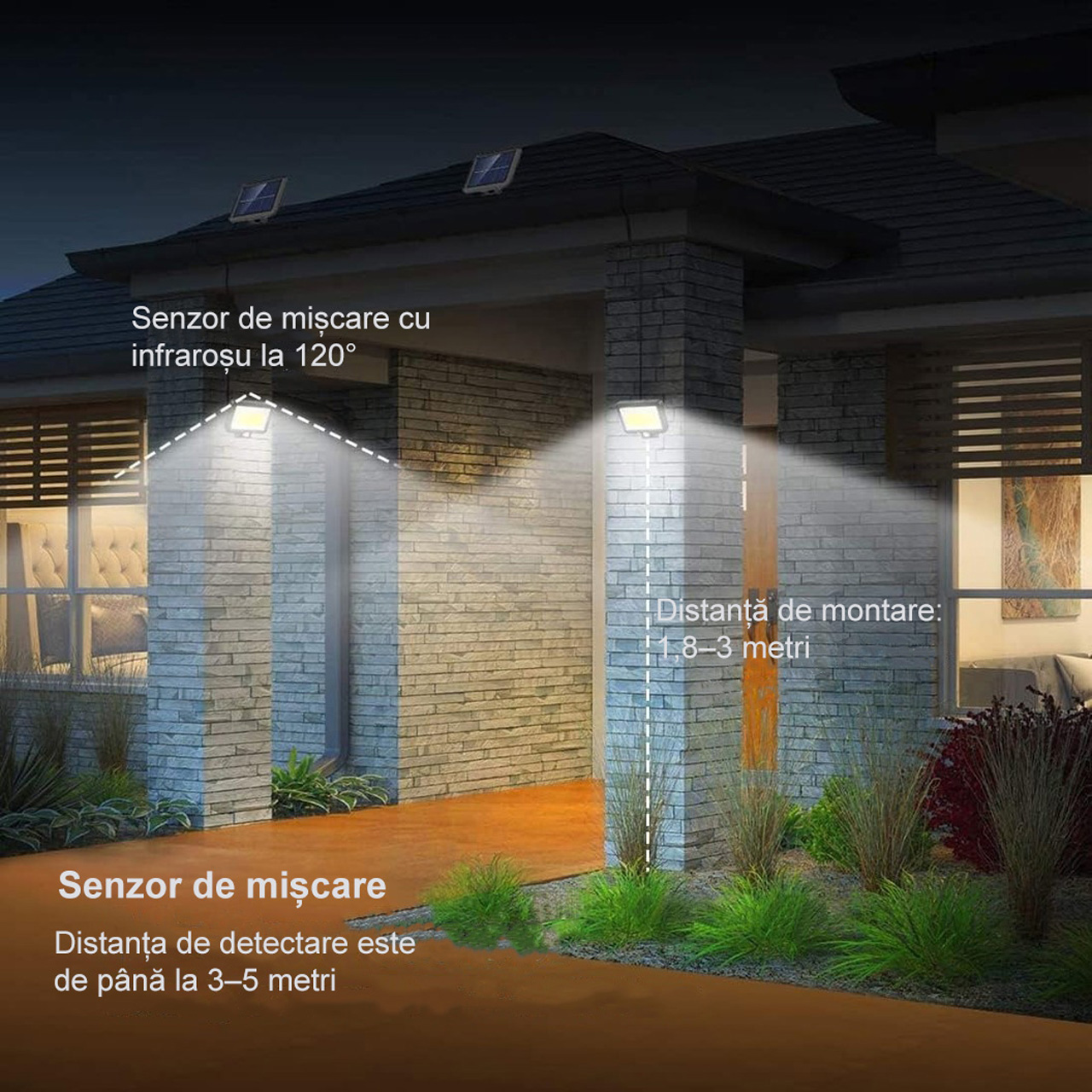 Iluminat Solar LBZ-00177 05 Lampă solară LED COB de perete cu senzor de mișcare, 100 LED-uri, lumină alb rece, IP65