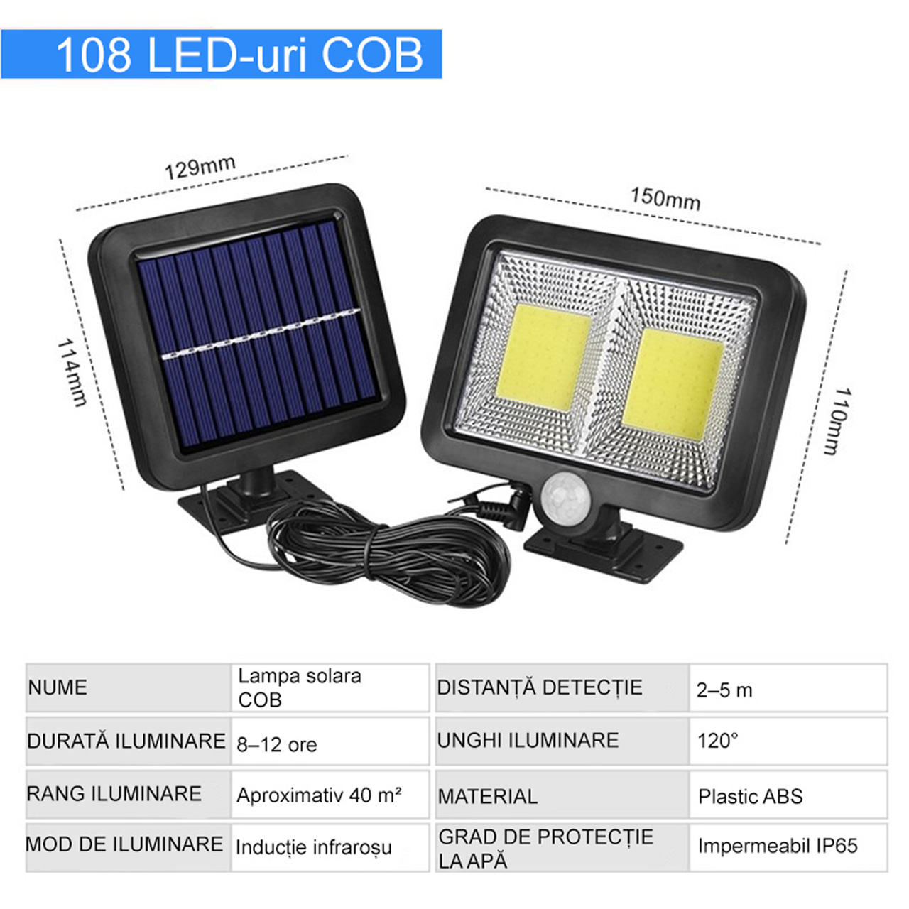 Iluminat Solar LBZ-00178 03 Lampă solară LED cu senzor de mișcare, 2 grile COB, 2400 lm, IP65, lumină alb rece