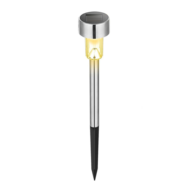 Lampă solară LED decorativă de grădină cu țăruș, inox, lumină alb cald