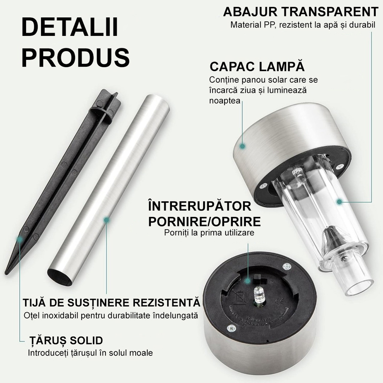 Lampă solară LED decorativă de grădină cu țăruș, inox, lumină alb cald