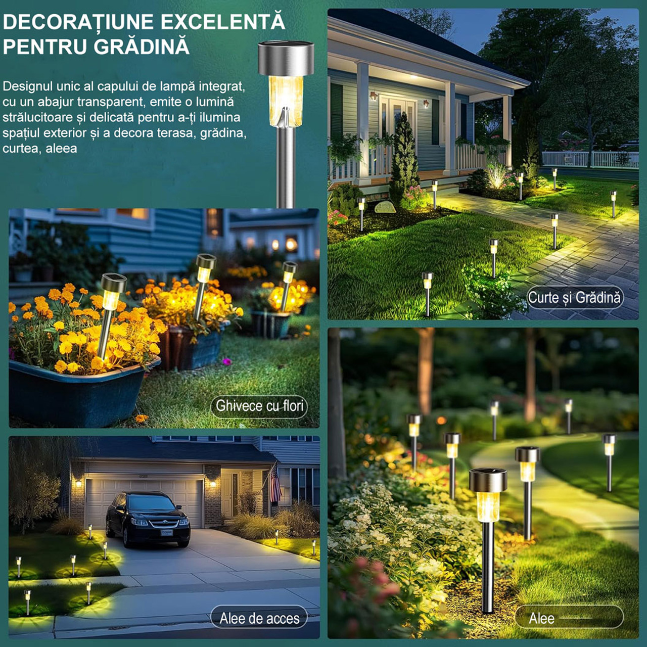 Lampă solară LED decorativă de grădină cu țăruș, inox, lumină alb cald
