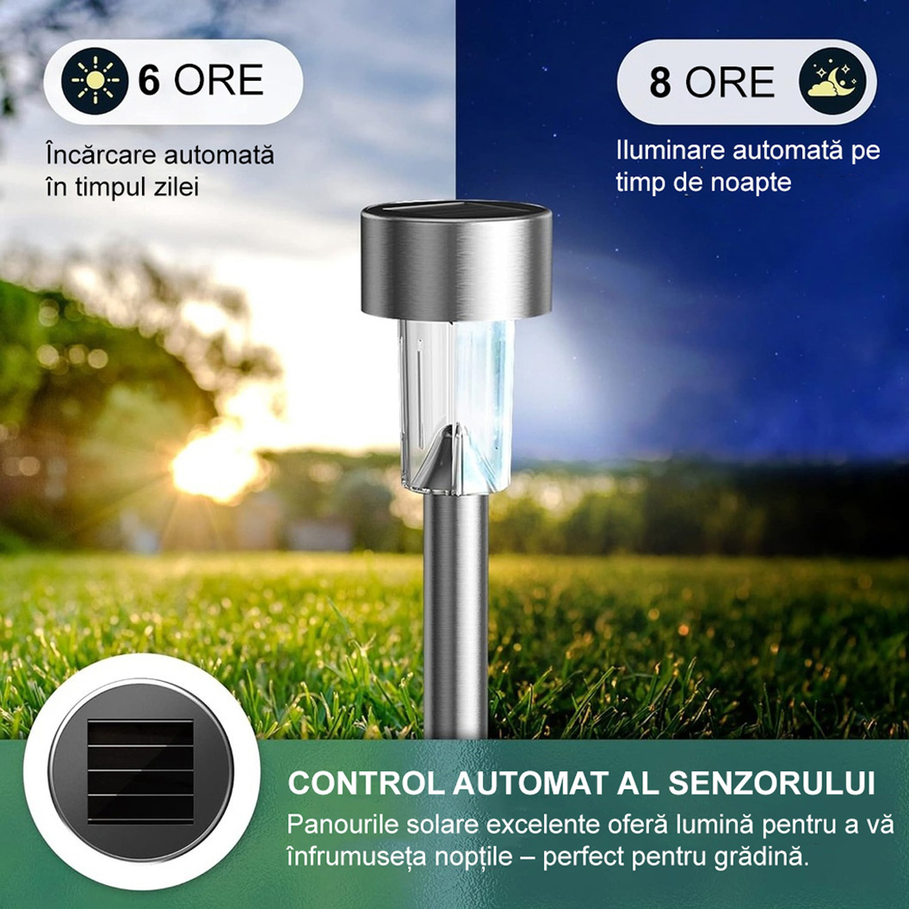 Iluminat Solar LBZ-00185 02 Lampă solară LED de grădină cu țăruș, inox, 29 cm, lumină alb rece 6500K