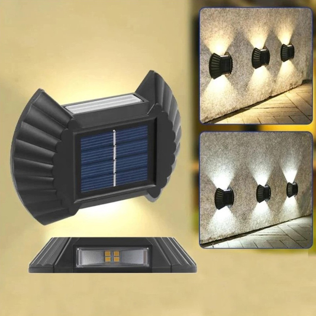 Aplică solară LED bidirecțională de exterior, design fundă, 8 LED-uri, lumină alb cald 3500K, IP65
