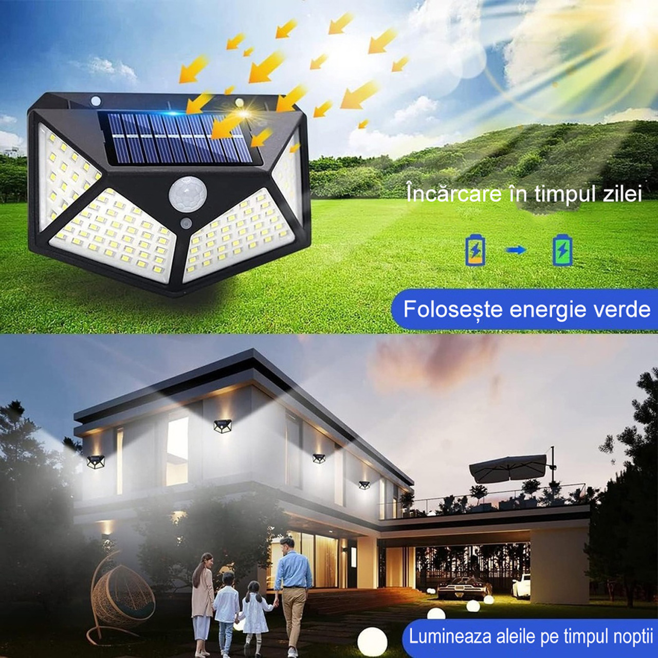 Iluminat Solar LBZ-00195 02 Lampa Solara LED Exterior, 100 LED-uri SMD cu Senzor de Miscare, Montaj pe Perete, Fara Cablu, Lumina Alba Rece 6500K