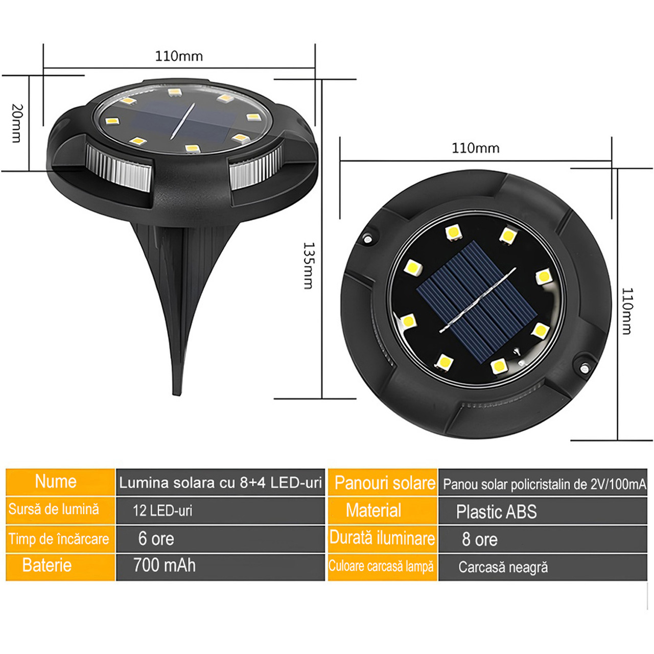 Iluminat Solar LBZ-00197 04 Lampa Solara LED Spot pentru Gradina, 4 LED-uri Laterale Multicolore & 8 LED-uri Principale Alba Rece, IP65, Material ABS, Baterie 2V 700mAh, 11x13.5 cm, Neagra