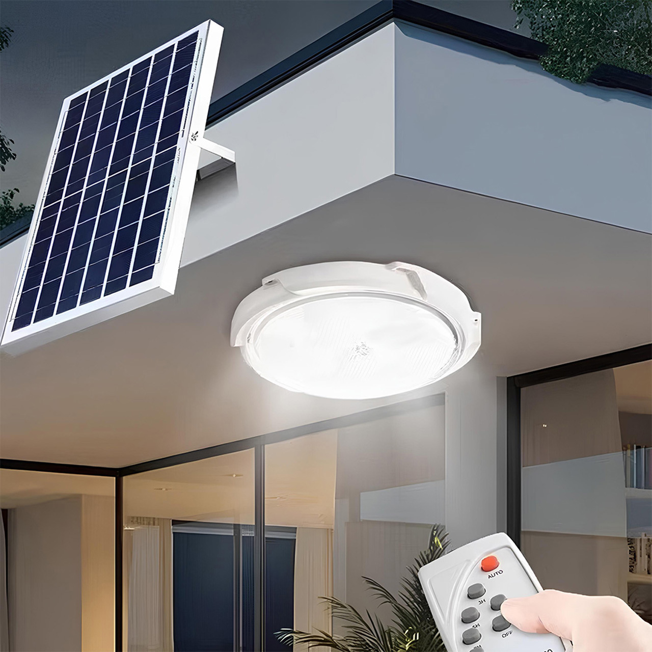 Plafonieră solară LED 30W cu telecomandă, 145 mm, lumină alb rece 6500K, cablu 4.6 m