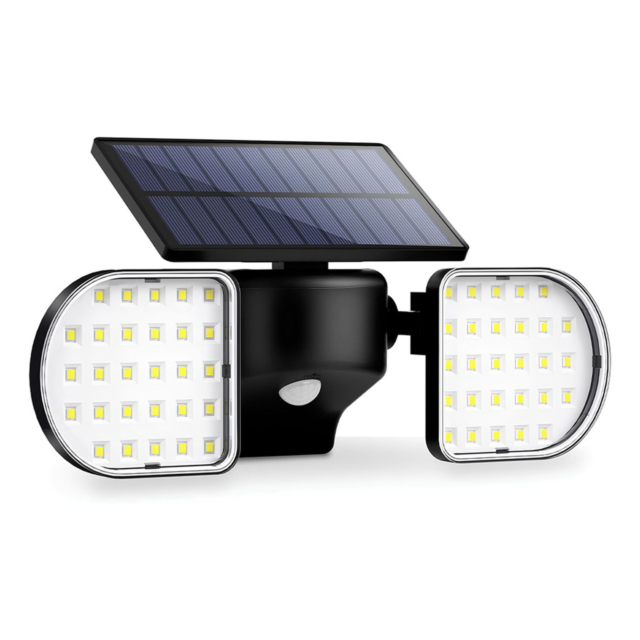 Lampă solară LED dublă cu senzor PIR, 56 LED-uri, panouri rotative 360°, IP65, lumină alb rece