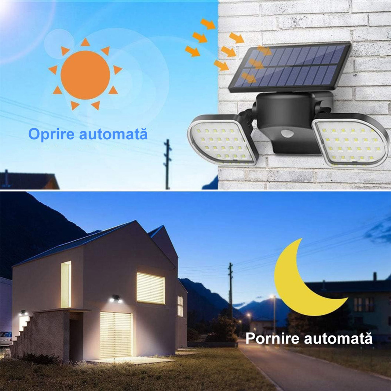 Lampă solară LED dublă cu senzor PIR, 56 LED-uri, panouri rotative 360°, IP65, lumină alb rece