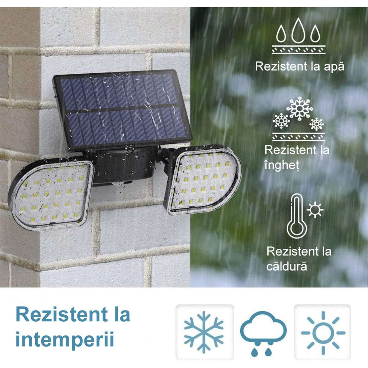 Lampă solară LED dublă cu senzor PIR, 56 LED-uri, panouri rotative 360°, IP65, lumină alb rece
