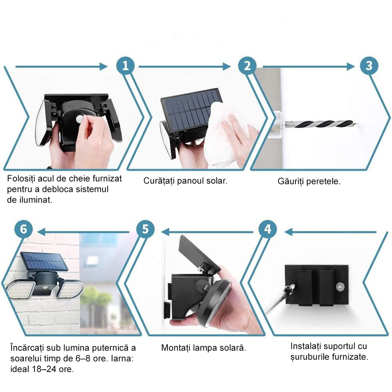 Lampă solară LED dublă cu senzor PIR, 56 LED-uri, panouri rotative 360°, IP65, lumină alb rece