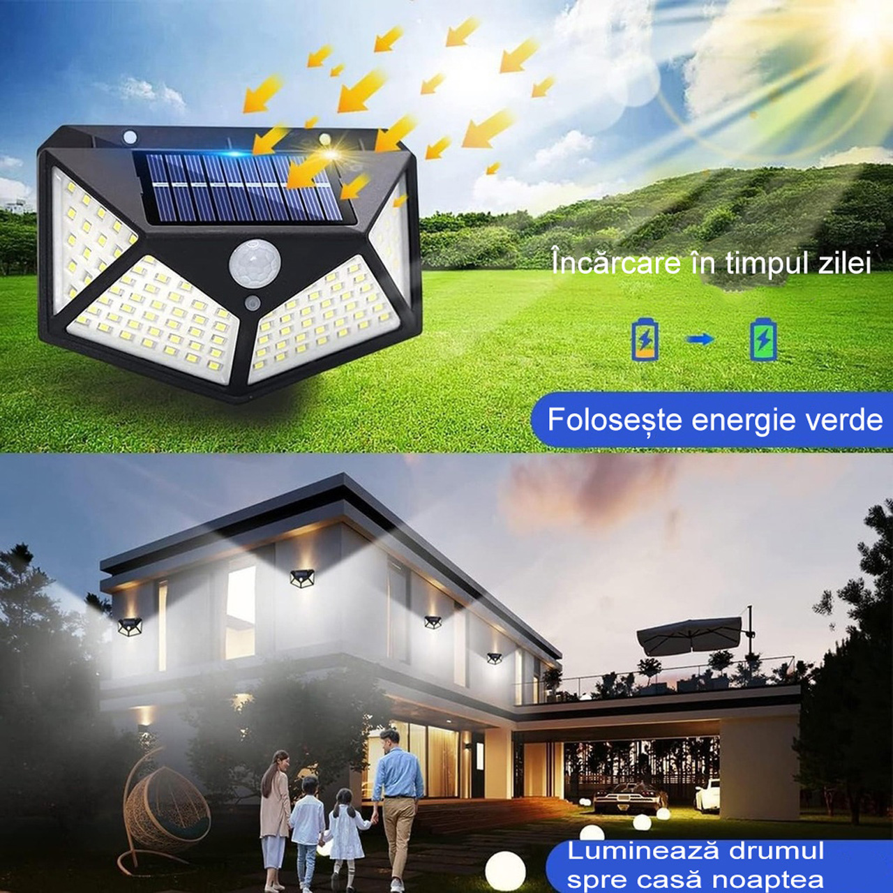 Iluminat Solar LBZ-00264 03 Lampă solară LED de perete cu senzor de mișcare, 114 LED-uri, IP65, lumină alb rece