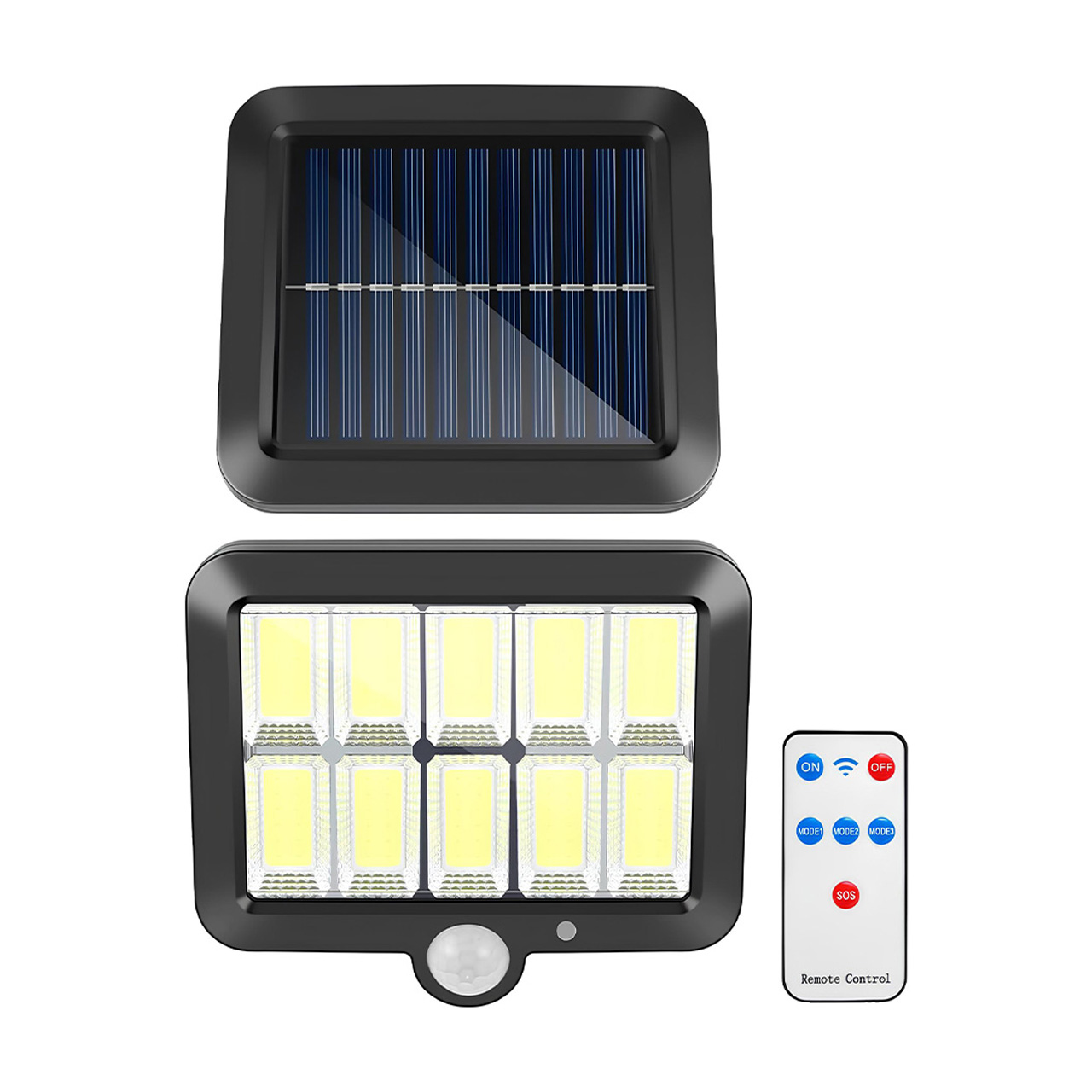 Iluminat Solar LBZ-00294 01 Lampă solară LED cu telecomandă, 10 grile, 120 LED-uri COB, senzor de mișcare, lumină alb rece