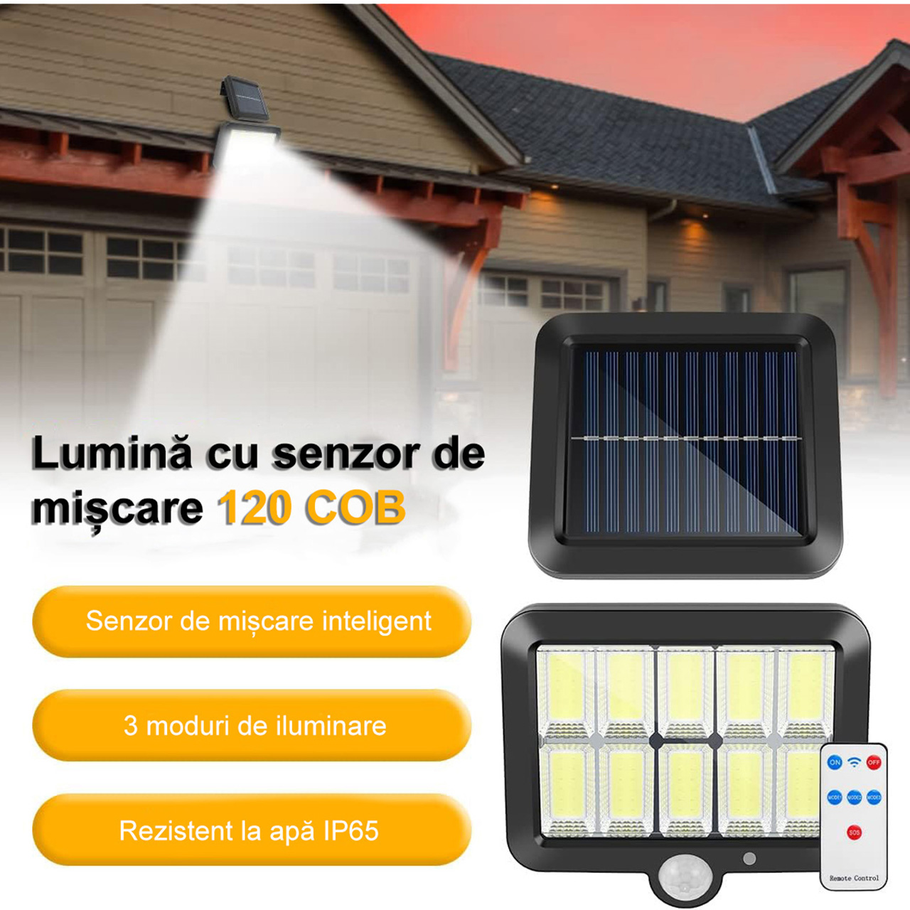 Iluminat Solar LBZ-00294 03 Lampă solară LED cu telecomandă, 10 grile, 120 LED-uri COB, senzor de mișcare, lumină alb rece