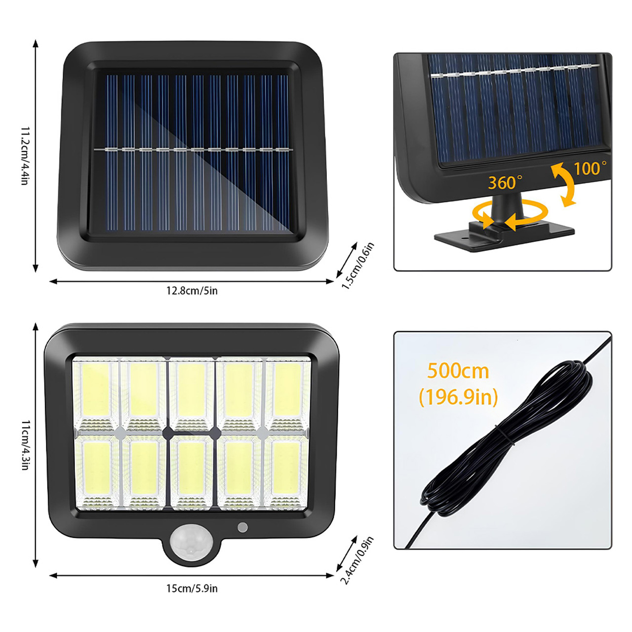 Iluminat Solar LBZ-00294 04 Lampă solară LED cu telecomandă, 10 grile, 120 LED-uri COB, senzor de mișcare, lumină alb rece