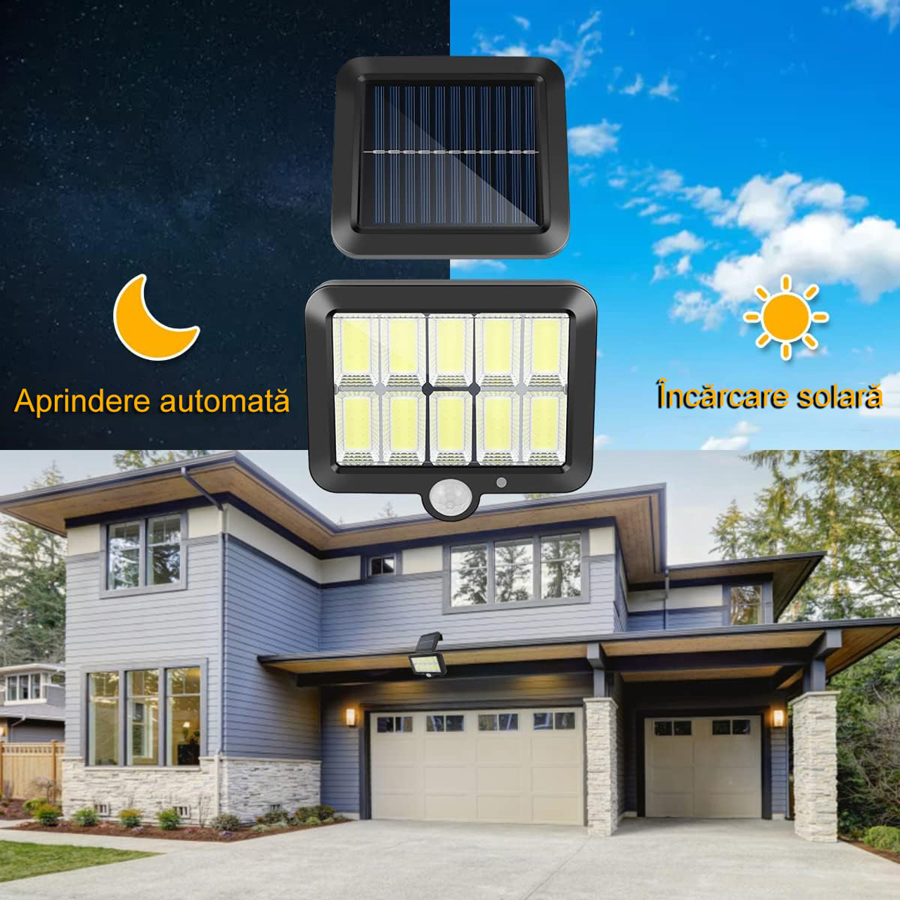 Iluminat Solar LBZ-00294 05 Lampă solară LED cu telecomandă, 10 grile, 120 LED-uri COB, senzor de mișcare, lumină alb rece