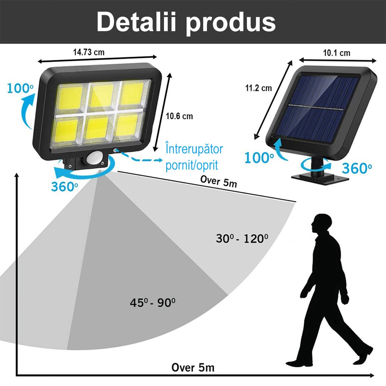 Iluminat Solar LBZ-00295 03 Lampă solară LED cu telecomandă, 6 grile, 120 LED-uri COB, senzor de mișcare, lumină alb rece