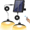 Lampă solară LED dublă suspendată cu telecomandă, panou solar separat, cablu prelungitor, lumină caldă