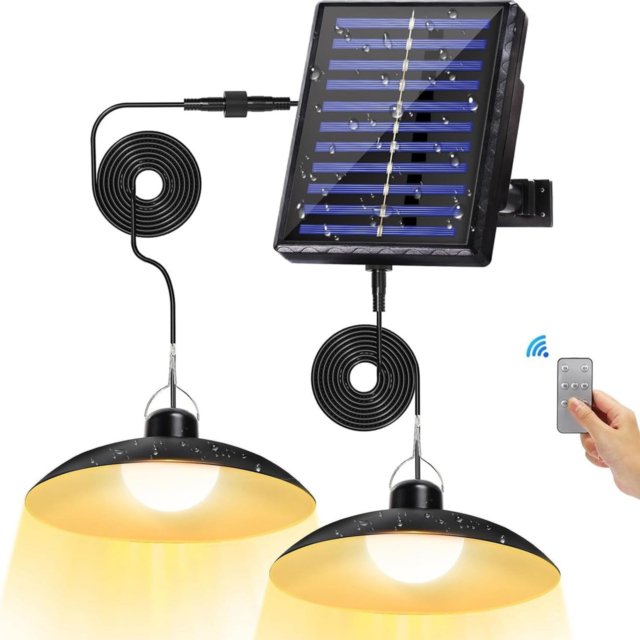 Lampă solară LED dublă suspendată cu telecomandă, panou solar separat, cablu prelungitor, lumină caldă