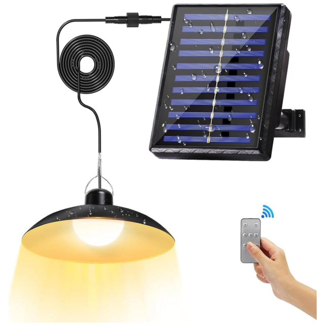 Lampă solară LED suspendată cu telecomandă, panou solar separat, cablu prelungitor, lumină caldă
