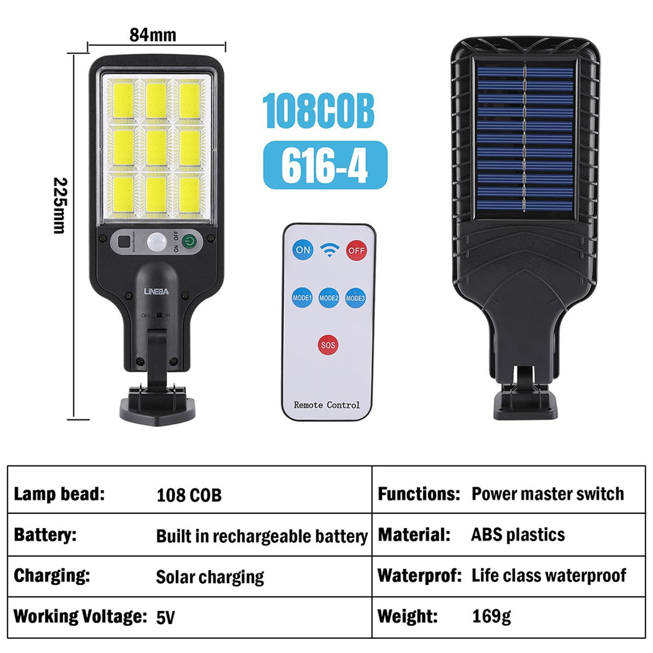 Iluminat Solar LBZ-00565 04 Lampă solară stradală LED 108 COB cu telecomandă, panou solar integrat