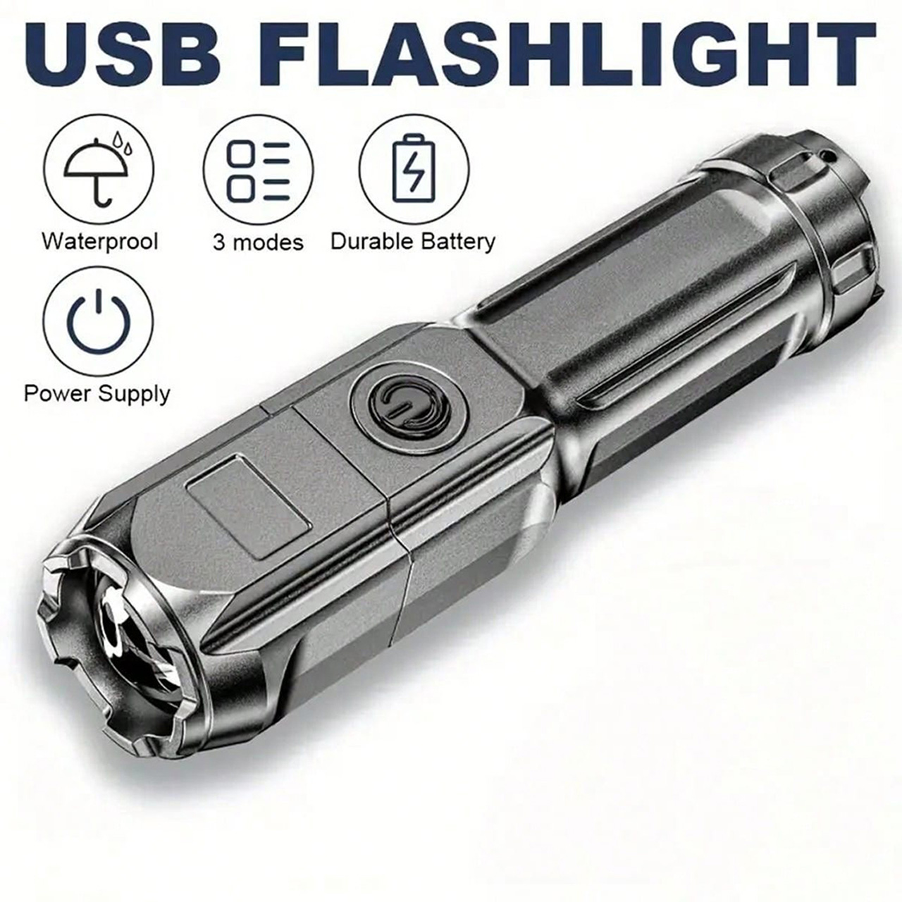 Iluminat Solar LBZ-00569 02 Lanternă LED Puternică cu Zoom, Reîncărcabilă USB, LED T6, Argintie
