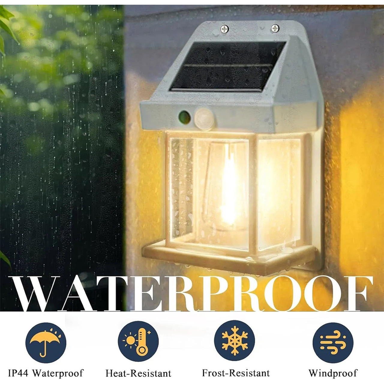 Lampă solară LED decorativă tip felinar, cu bec și senzor de mișcare, albă