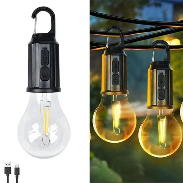 Iluminat Solar LBZ-00571 01 Bec LED portabil reîncărcabil cu clemă, USB, lumină caldă, pentru camping, cort și curte