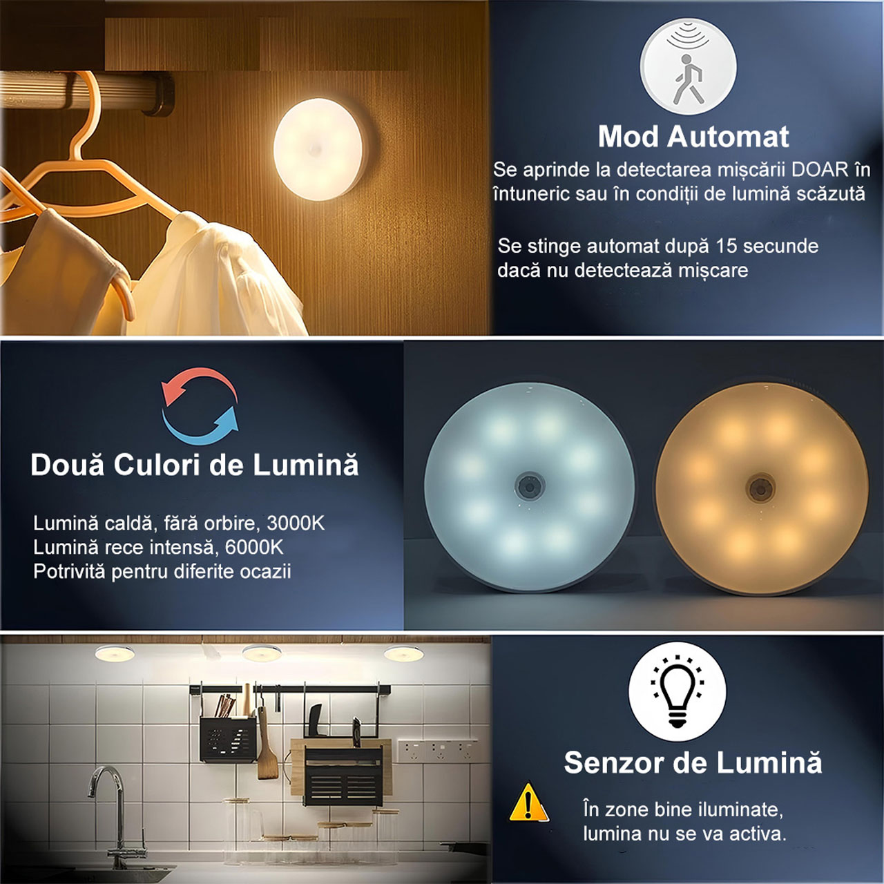 Lampi LED LBZ-00232 03 Lampă de Veghe LED cu Senzor de Mișcare, Lumină Caldă și Rece, Reîncărcabilă USB, Montaj Magnetic fără Găurire, Albă