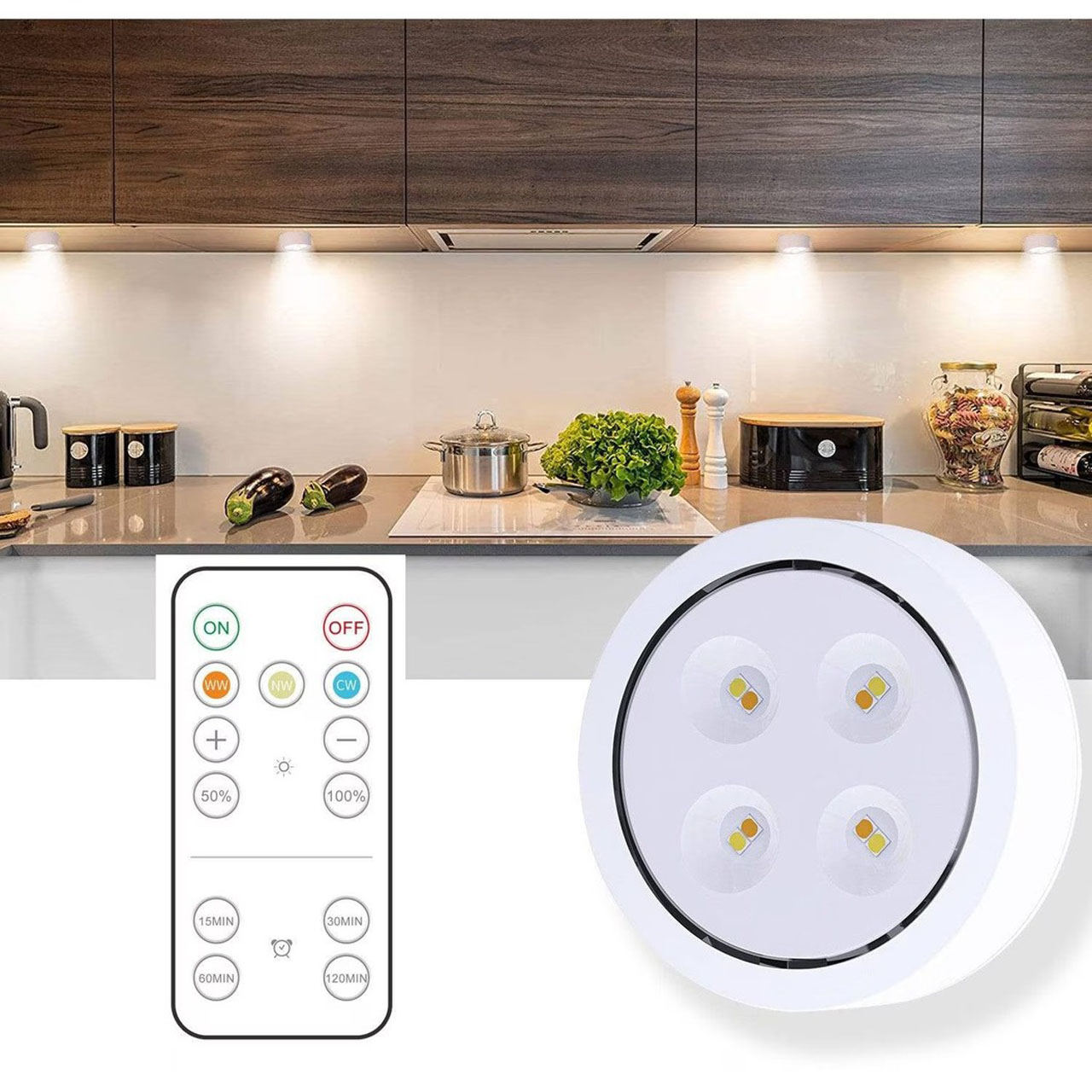 Lampi LED LBZ-00234 03 Spot LED fără Fir cu Telecomandă, pe Baterii, 3 Culori de Lumină, Temporizator, pentru Dulap și Mobilier, Alb