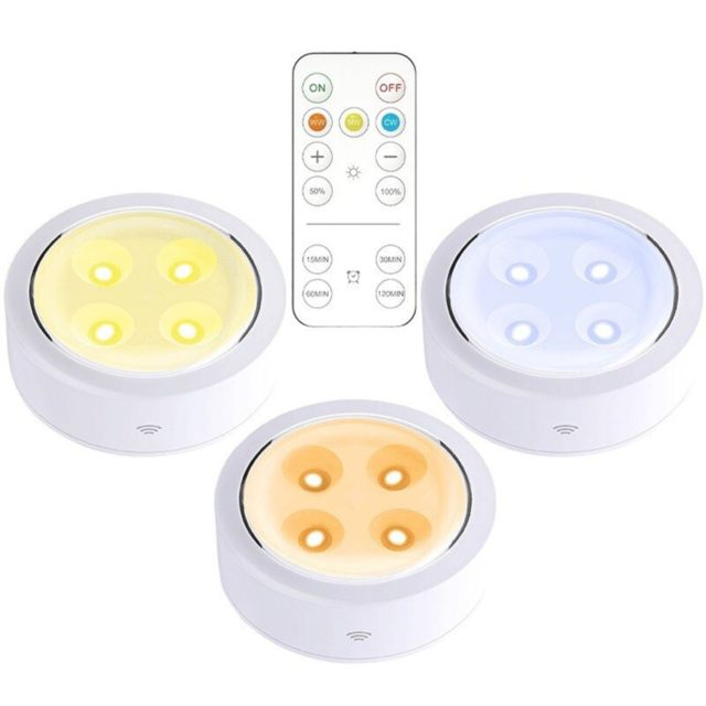 Lampi LED LBZ-00235 01 Set 3 Spoturi LED fără Fir cu Telecomandă, pe Baterii, 3 Culori de Lumină, Temporizator, pentru Dulap și Mobilier, Alb
