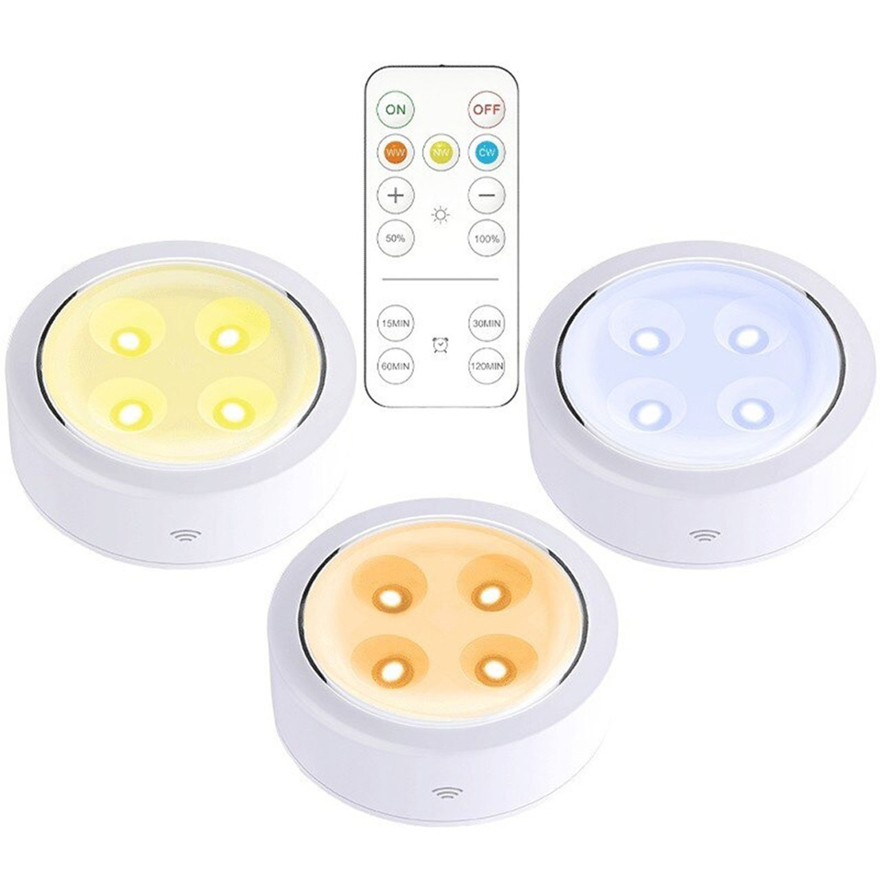 Lampi LED LBZ-00235 01 Set 3 Spoturi LED fără Fir cu Telecomandă, pe Baterii, 3 Culori de Lumină, Temporizator, pentru Dulap și Mobilier, Alb