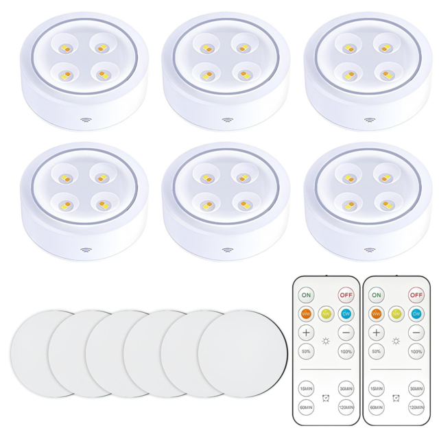 Lampi LED LBZ-00236 01 Set 6 lămpi LED wireless cu telecomandă, 3 culori de lumină, alimentare cu baterii, albe