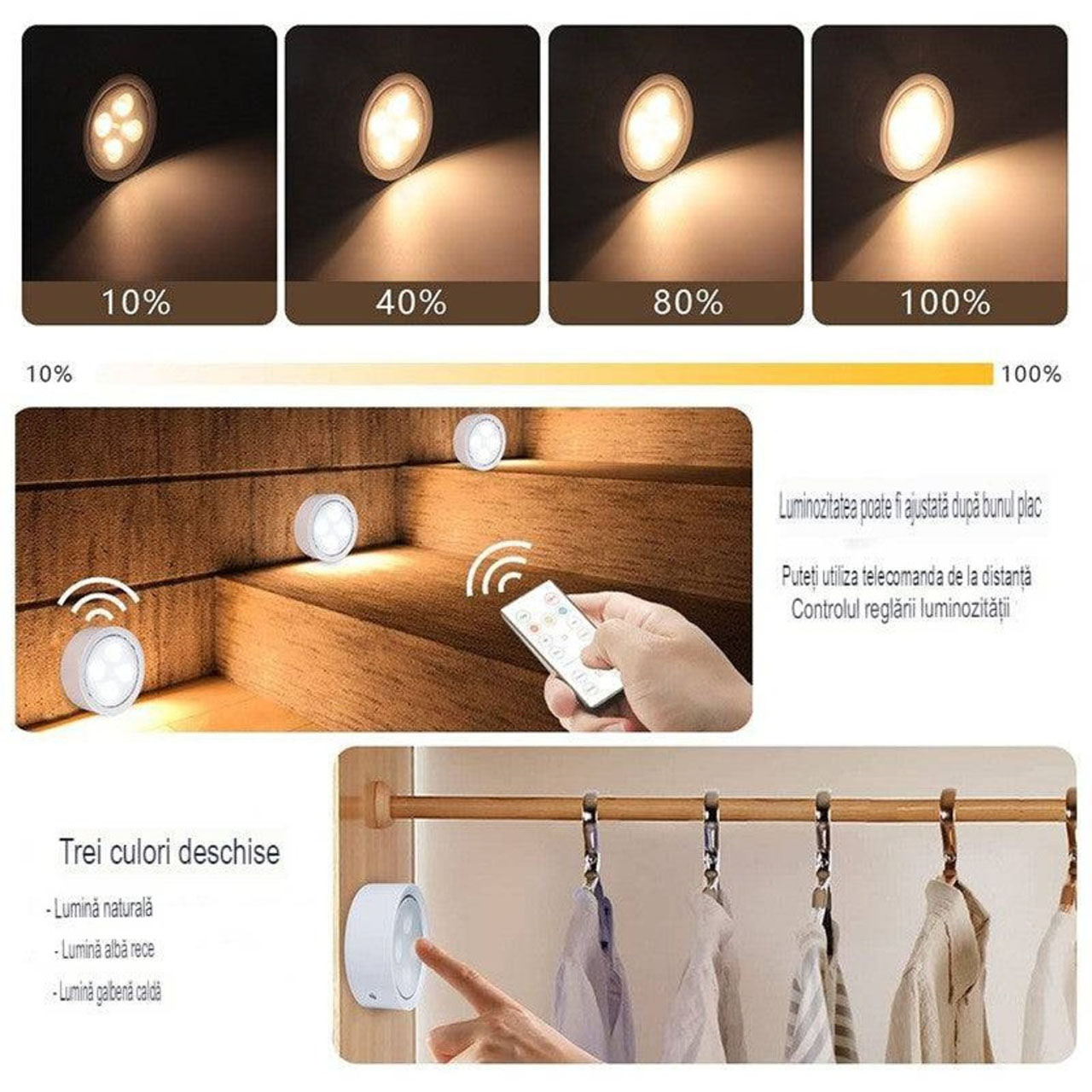 Set 6 lămpi LED wireless cu telecomandă, 3 culori de lumină, alimentare cu baterii, albe