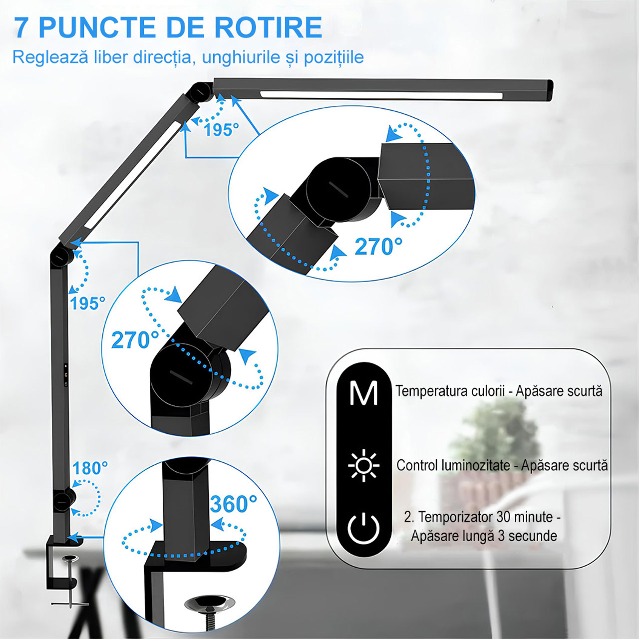 Lampi LED LBZ-00269 03 Lampă de Birou LED cu Braț Articulat și Clemă, Lumină Dublă, 4 Culori de Lumină, 5 Trepte Intensitate, Protecție Ochi, 12W, Neagră