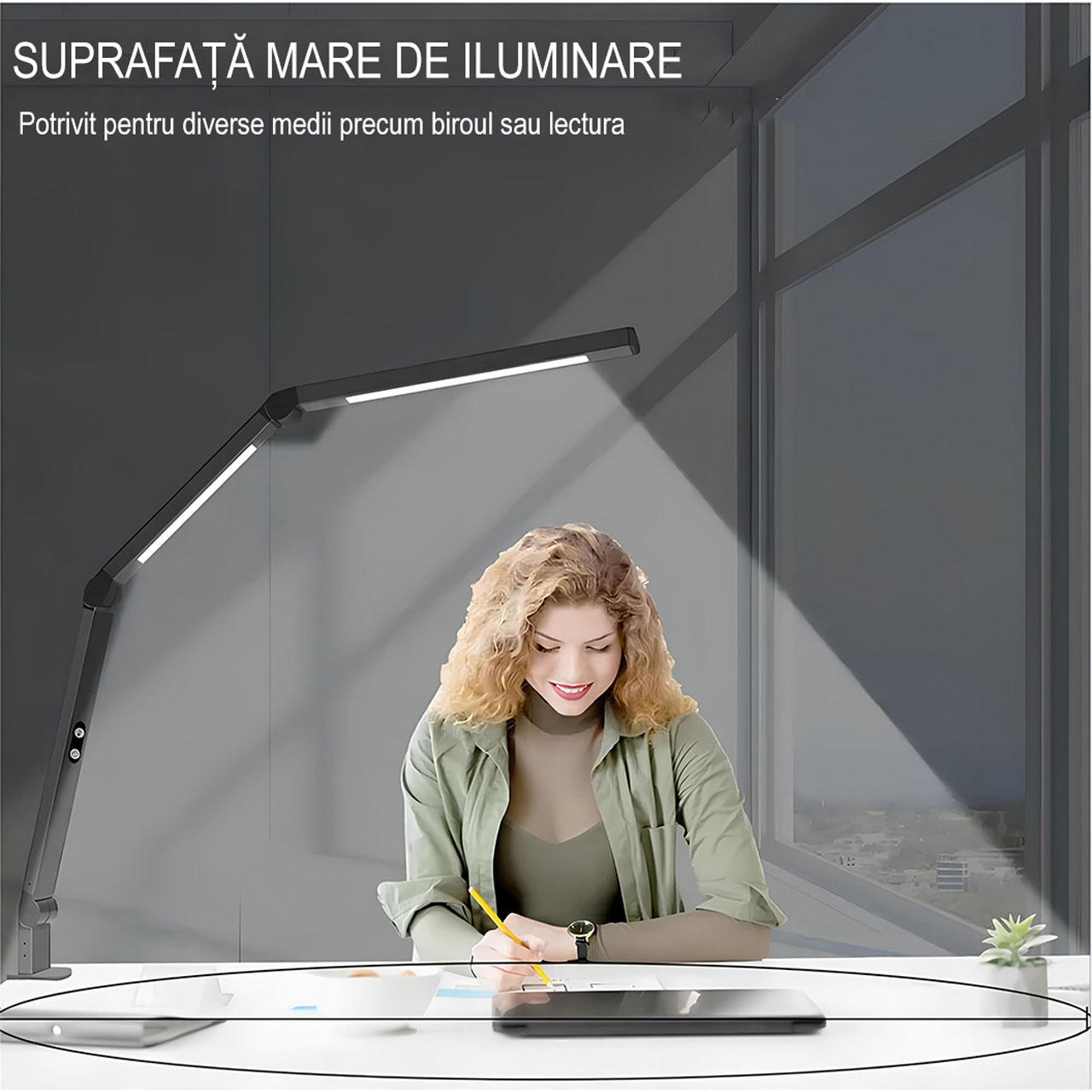 Lampi LED LBZ-00269 04 Lampă de Birou LED cu Braț Articulat și Clemă, Lumină Dublă, 4 Culori de Lumină, 5 Trepte Intensitate, Protecție Ochi, 12W, Neagră
