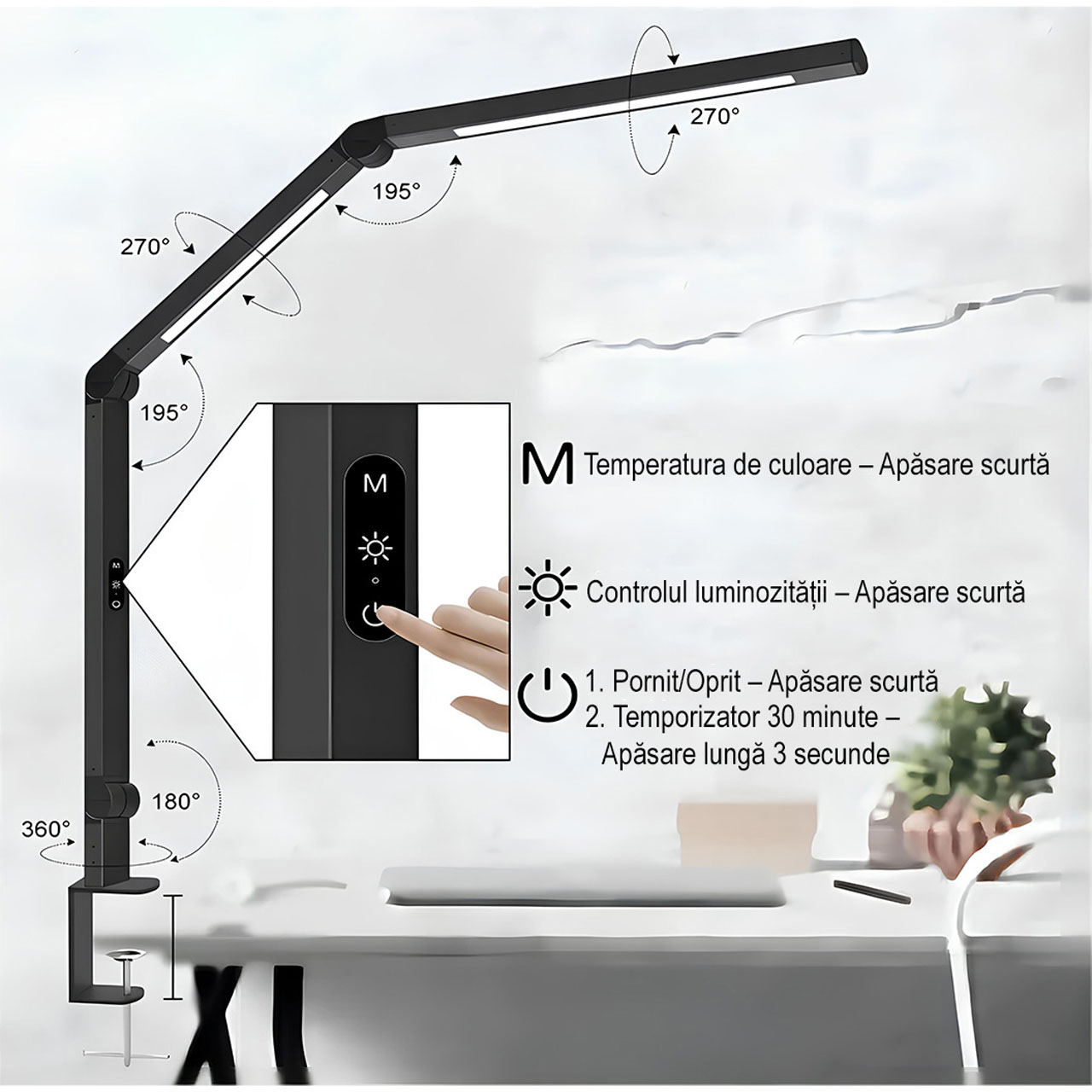 Lampi LED LBZ-00269 05 Lampă de Birou LED cu Braț Articulat și Clemă, Lumină Dublă, 4 Culori de Lumină, 5 Trepte Intensitate, Protecție Ochi, 12W, Neagră