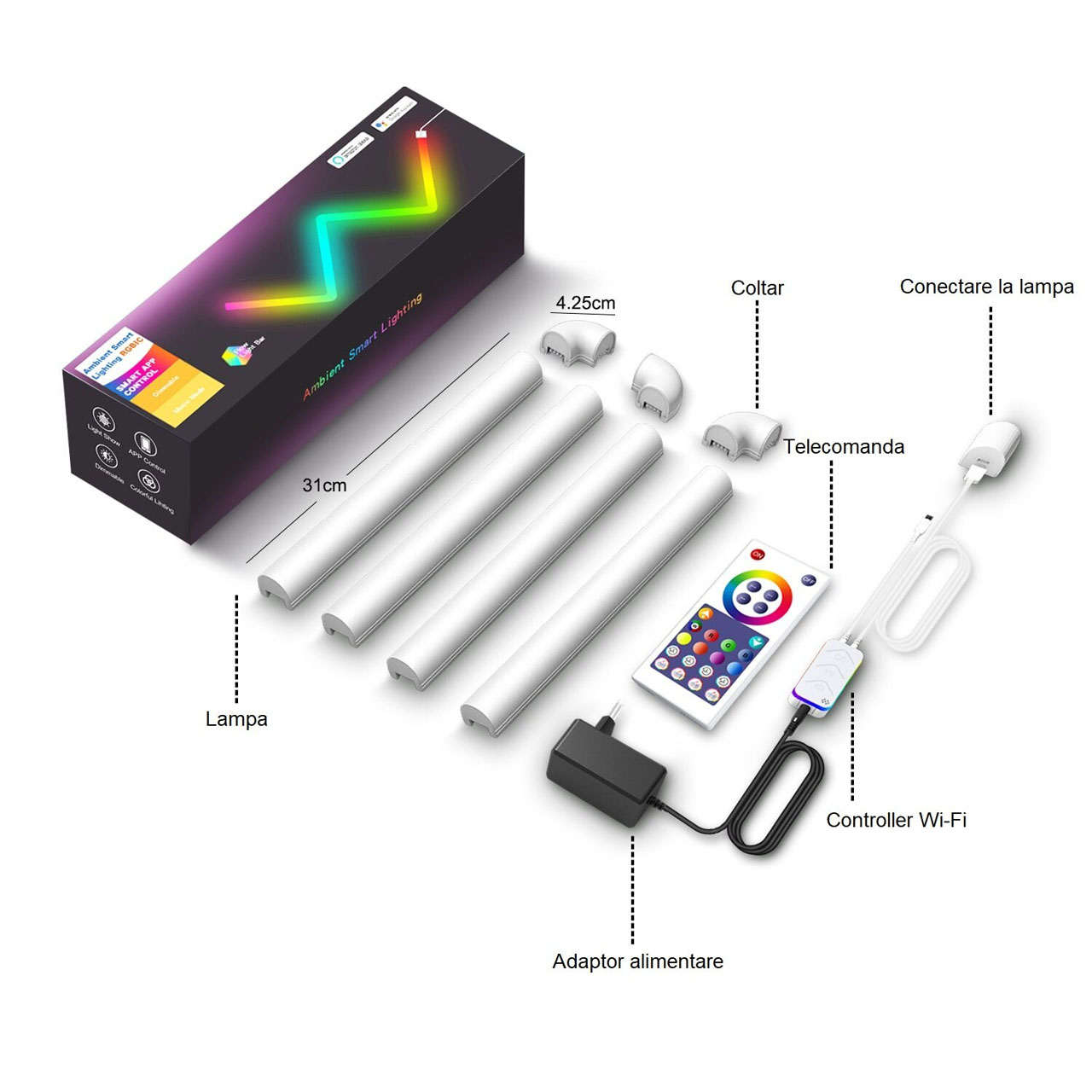 Lampi LED LBZ-00272 07 Set 4 Bare LED RGBIC Modulare de Perete, Smart WiFi, Compatibil Alexa și Google Home, Sincronizare cu Muzica, pentru Gaming