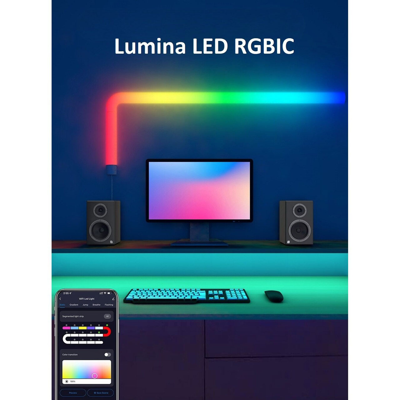 Lampi LED LBZ-00273 04 Set 2 Bare LED RGB Smart WiFi, Compatibil Alexa și Google Home, Sincronizare cu Muzica, pentru Gaming și TV, 26 cm, Negru