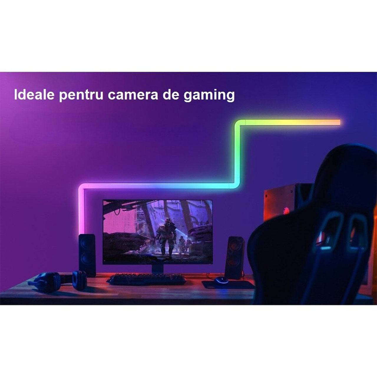 Lampi LED LBZ-00273 08 Set 2 Bare LED RGB Smart WiFi, Compatibil Alexa și Google Home, Sincronizare cu Muzica, pentru Gaming și TV, 26 cm, Negru
