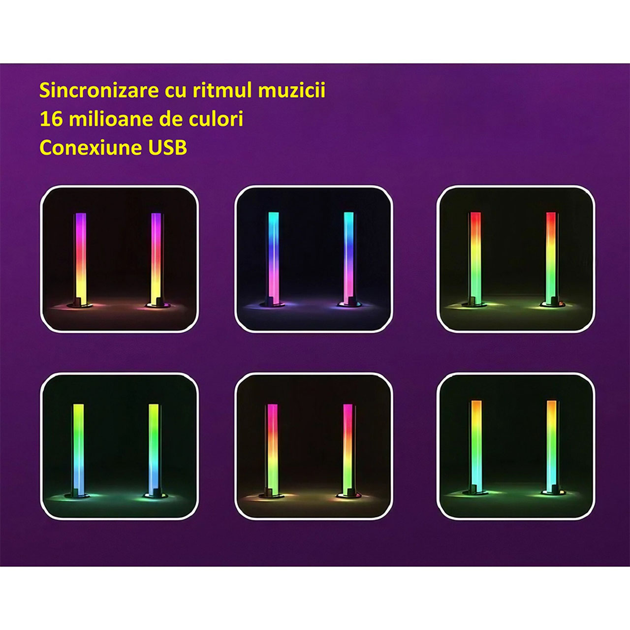 Lampi LED LBZ-00274 03 Set 2 Bare LED RGB Smart WiFi, Compatibil Alexa și Google Home, Sincronizare cu Muzica, pentru Gaming și TV, 26 cm, Negru